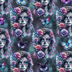 Gothic Glamour pattern with Elegant La Catrina images in grey blue tones. Pink and purple roses in her hair, surrounded by flowers and butterflies.