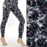 Grave Expectations Skull Full Length Leggings With Pockets by Nikki Whoops Boutique, shown with a close-up of the print.