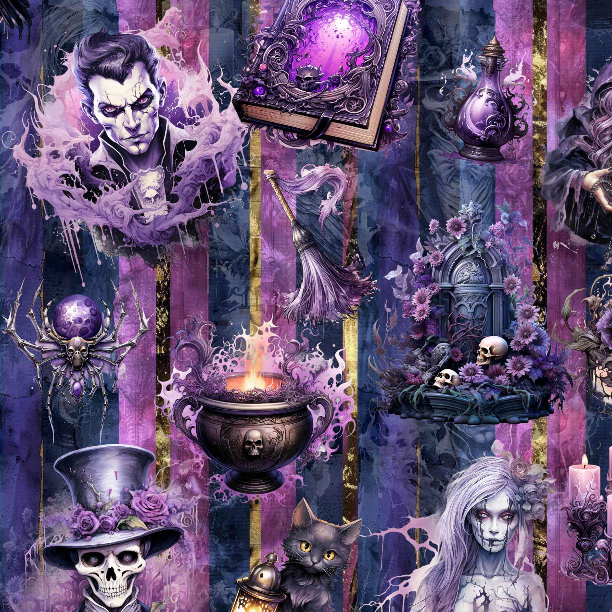 Gothic-themed collage with purple and black colors, featuring a man in a top hat, a cat, and other mystical elements.
