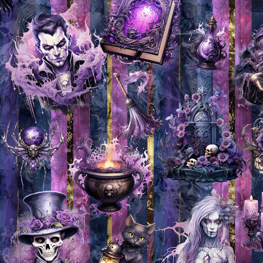 Gothic-themed collage with purple and black colors, featuring a man in a top hat, a cat, and other mystical elements.