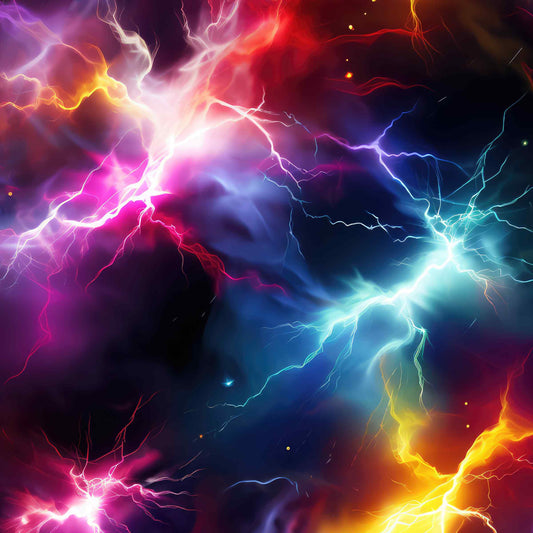 pattern with dark background with lightning flashes of pink, blue and yellow