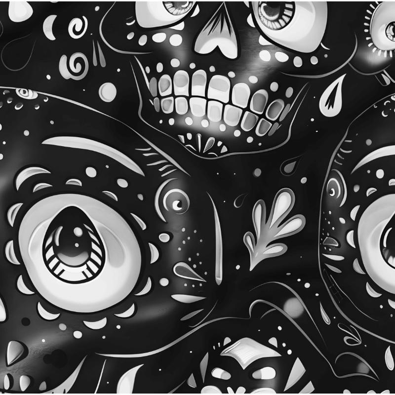 Cropped close-up of the Grin Reaper black and white cartoon-style sugar skull print pattern.