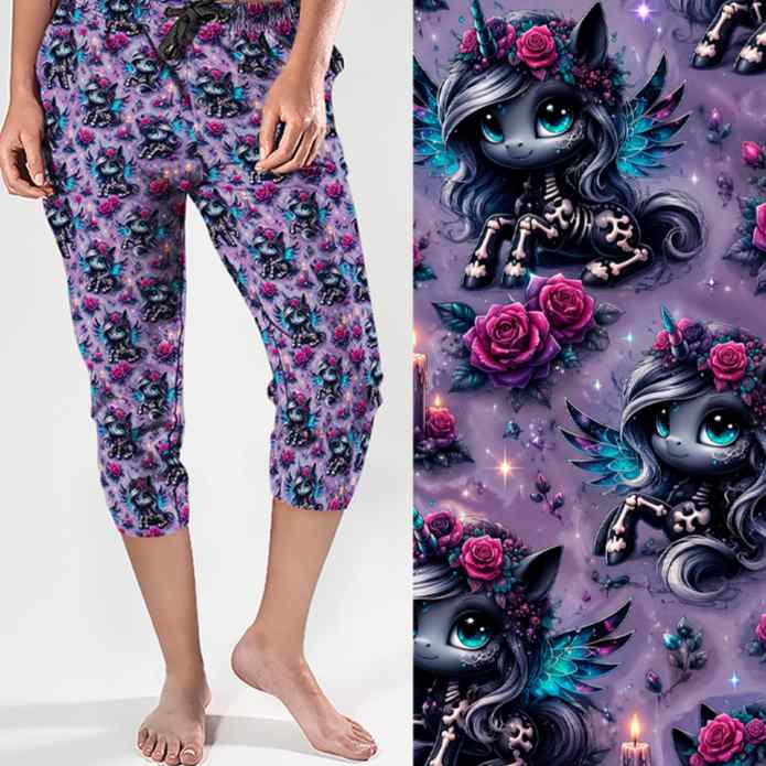 Happily Never After Unicorn Capri Joggers With Pockets by Nikki Whoops Boutique, shown with a close-up of the print.