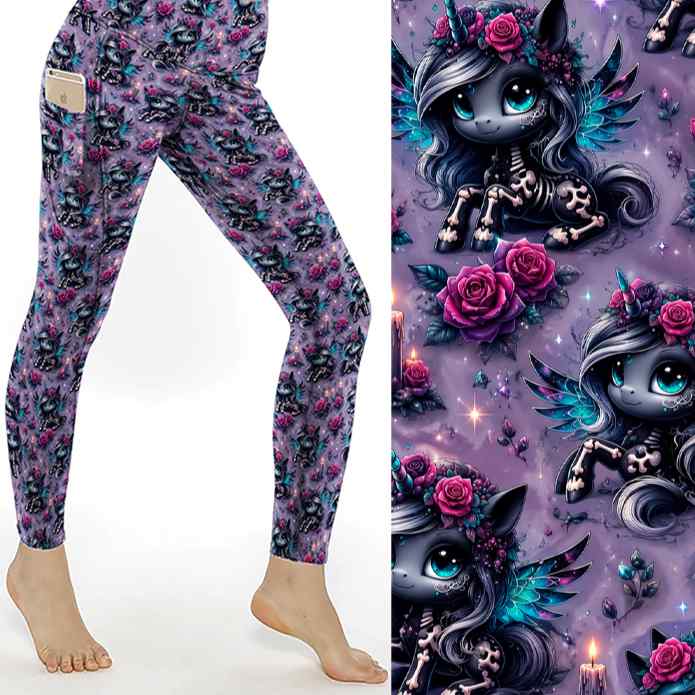 Happily Never After Unicorn Full Length Leggings With Pockets by Nikki Whoops Boutique, shown with a close-up of the print.