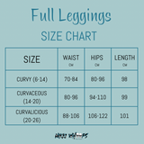 A full leggings size chart showing three sizes: Curvy (6-14), Curvaceous (14-20), and Curvalicious (20-26). Measurements in cm are provided for waist, hips, and length. Curvy: waist 70-84, hips 80-96, length 98. Curvaceous: waist 80-96, hips 94-110, length 99. Curvalicious: waist 88-106, hips 106-122, length 101