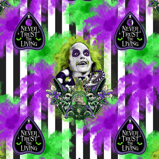 Black and white stripes with green and purple clouds, spooky face, and text reading "Never Trust the Living."