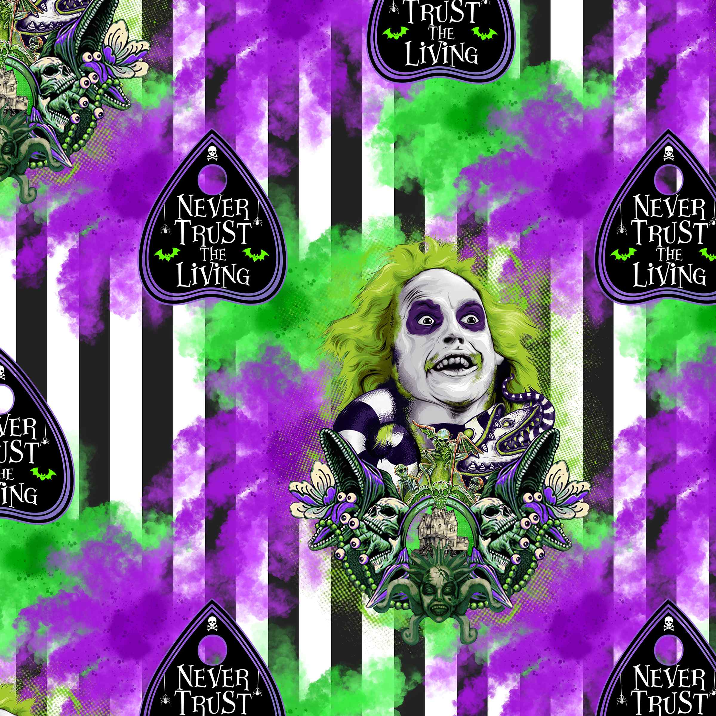 It's Showtime Beetlejuice pattern featuring Beetlejuice image with text reading Never Trust the Living on a vibrant green, purple black and white striped pattern.