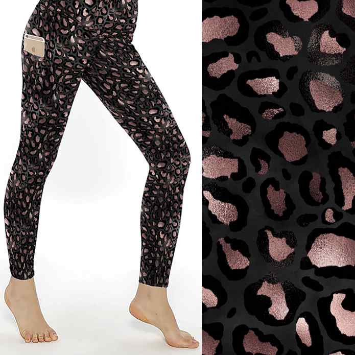 Black leggings with metallic rose gold leopard print, high-waisted, with a side pocket, and a close-up of the glossy pattern.