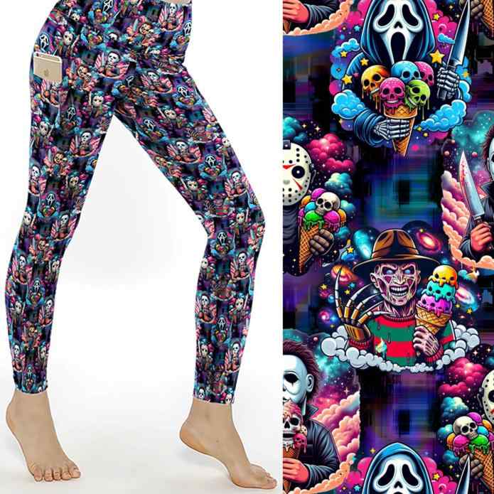 Leggings with horror icons with skull ice creams on a dark background