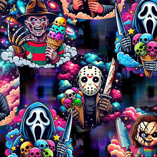 seamless pattern with horror icons with skull ice creams on a dark background