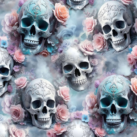 Decorative pattern of skulls and flowers with pastel colors on a light blue background by Nikki Whoops Boutique.