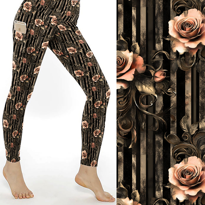 Kiss From A Rose Leggings With Pockets featuring vintage blush roses on distressed black striped full-length buttery-soft leggings with deep side pockets.