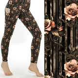 Kiss From A Rose Leggings With Pockets featuring vintage blush roses on distressed black striped full-length buttery-soft leggings with deep side pockets.