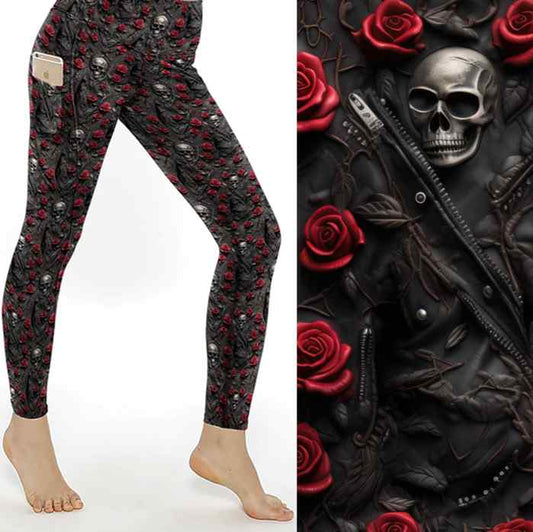 mock up of Gothic leggings with black leather texture, red roses, silver skulls and zippers entwined with vines.