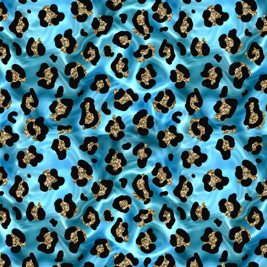 Pattern of black and gold leopard spots on a blue background