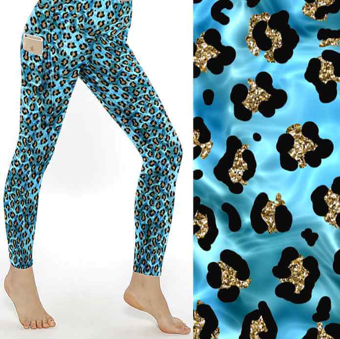 Blue leopard print leggings with a close-up of the pattern on a white background