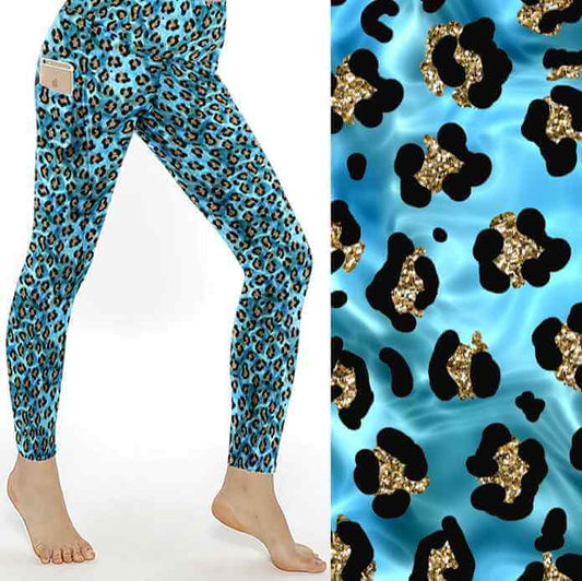 Blue leopard print leggings with a close-up of the pattern on a white background