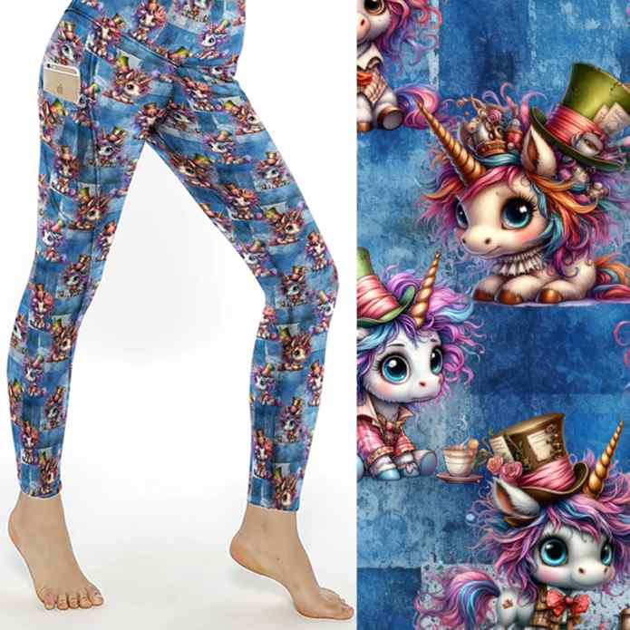 stock image of Unicorn print leggings featuring quirky, colourful unicorns with tea cups, checkerboards and wild patterns inspired by Alice in Wonderland.