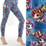 stock image of Unicorn print leggings featuring quirky, colourful unicorns with tea cups, checkerboards and wild patterns inspired by Alice in Wonderland.