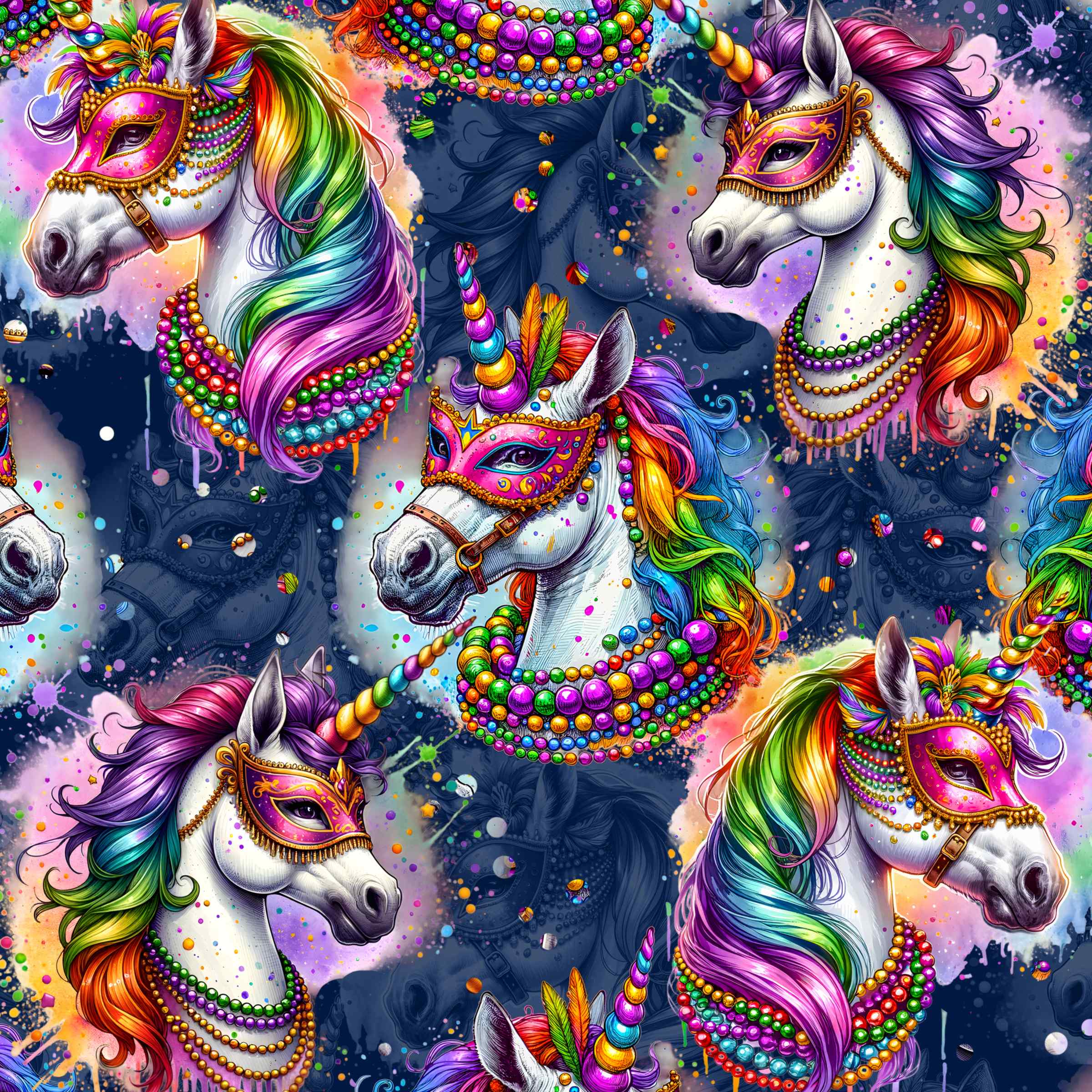 Colorful unicorns with masquerade masks, beads, and rainbow manes on a dark background with splatter effects.