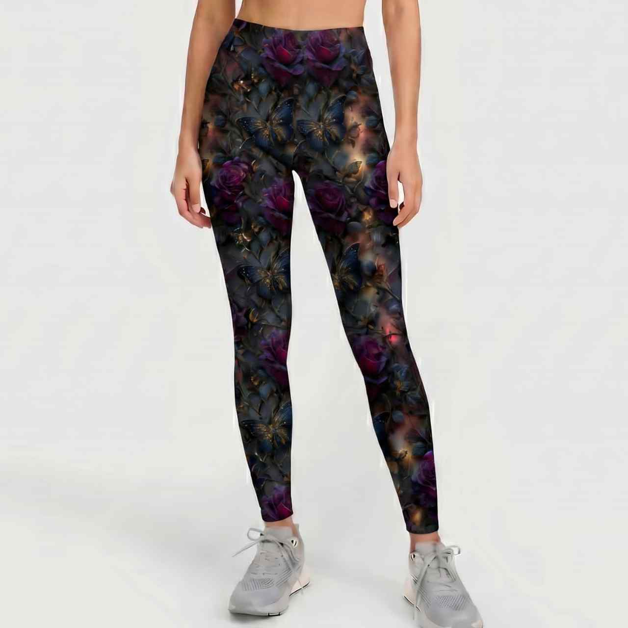 Girl waering Midnight Monarchs Full-Length Leggings featuring dark plum roses, black butterflies with gold details and gothic floral artwork on a moody background.