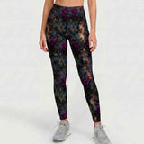 Girl waering Midnight Monarchs Full-Length Leggings featuring dark plum roses, black butterflies with gold details and gothic floral artwork on a moody background.