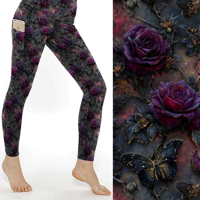 Midnight Monarchs Full-Length Leggings featuring dark plum roses, black butterflies with gold details and gothic floral artwork on a moody background.