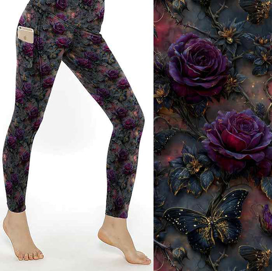 Midnight Monarchs Full-Length Leggings featuring dark plum roses, black butterflies with gold details and gothic floral artwork on a moody background.