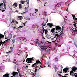 pattern of mock up of Gothic floral leggings with vintage skulls and pale pink and mauve flowers on a faded, distressed background.