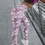 mock up of mourning-glory-skulls-full-length-leggings-mockup-of-a-woman-wearing-Gothic floral leggings with vintage skulls and pale pink and mauve flowers on a faded, distressed background.