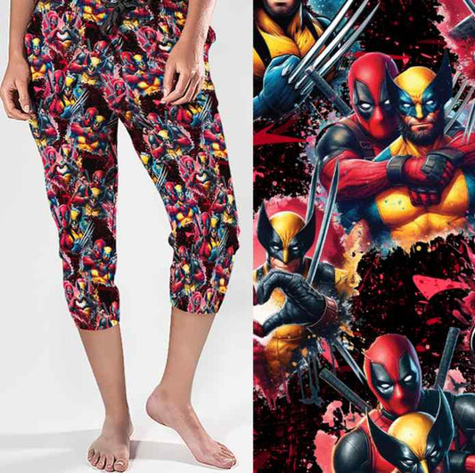 Capri joggers with a superhero pattern in red and yellow, featuring playful poses; close-up on the right