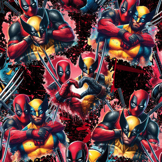 pattern resembling Deadpool and Wolverine in various playful poses