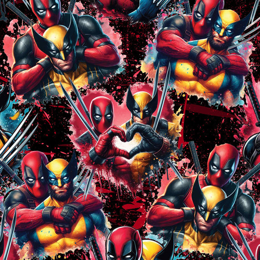 Pattern of two superheroes in red and yellow costumes, playfully hugging, posing, and making a heart shape.