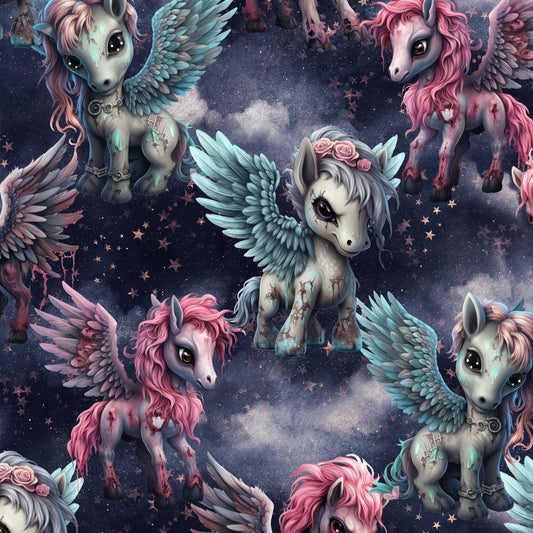 Pattern of fantasy ponies with wings and colorful hair on a dark background.