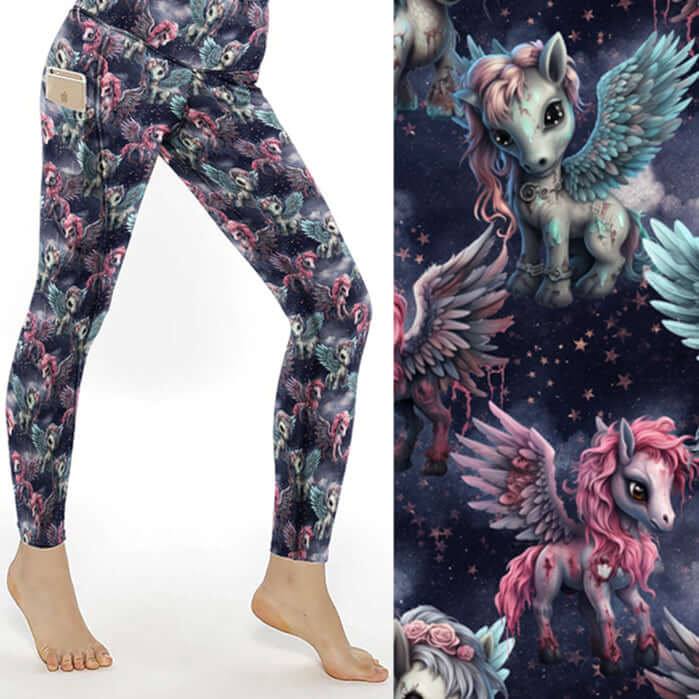 Leggings featuring zombie pegasus ponies in pink and teal against a dark starry background in My Little Apocalypse - Zombie Pegasus Leggings by Nikki Whoops Boutique.