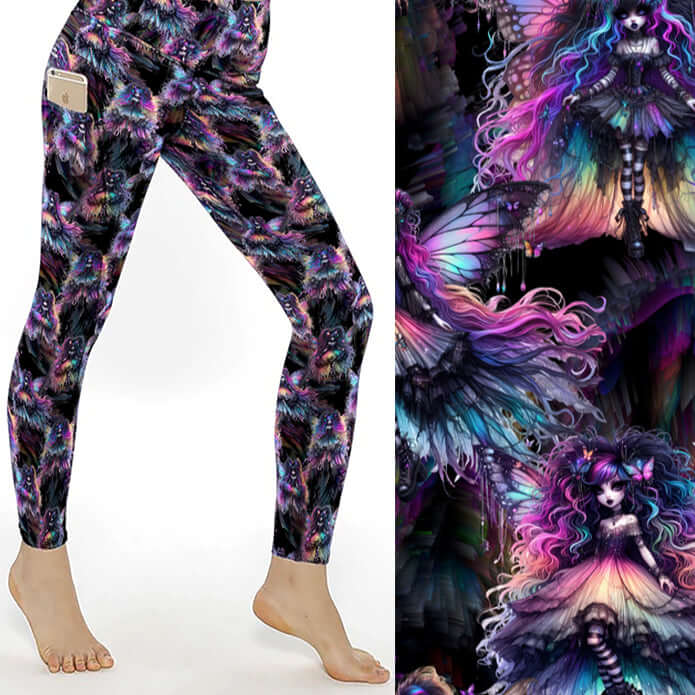 Dark fairy print leggings with rainbow hair and wings on black background