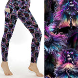Dark fairy print leggings with rainbow hair and wings on black background