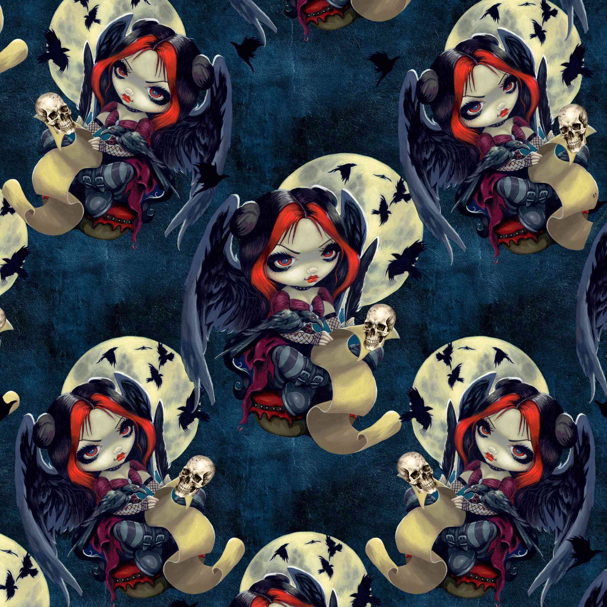 pattern of whimsical fairies featuring skulls and a full moon on a navy background