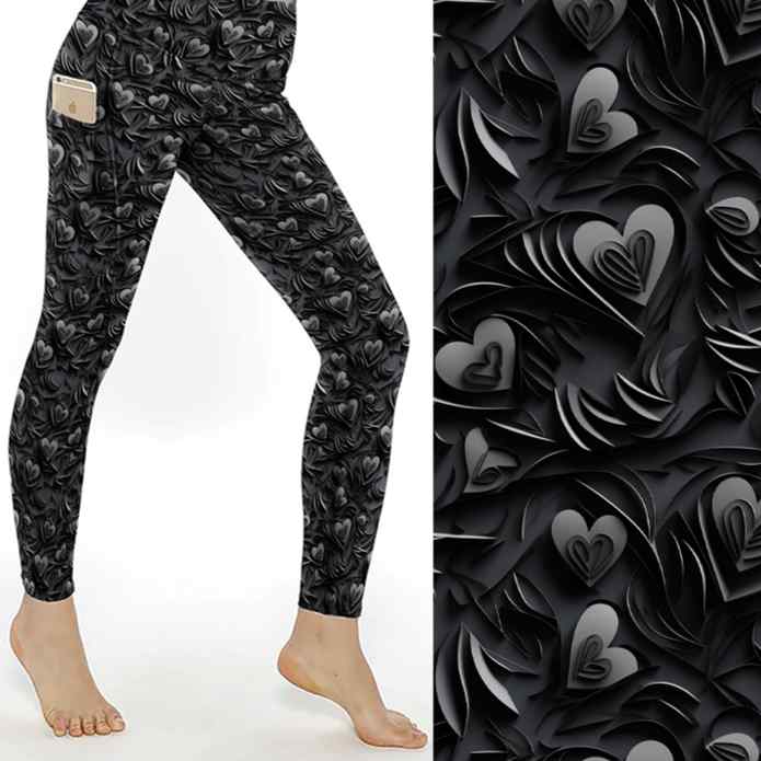 mockup of Heart print leggings featuring sketchy, torn-paper-style hearts in soft pinks and greys with a grungy distressed finish.