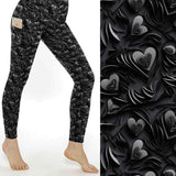 mockup of Heart print leggings featuring sketchy, torn-paper-style hearts in soft pinks and greys with a grungy distressed finish.