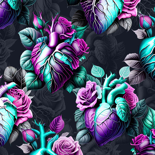 pattern of Anatomical heart leggings featuring detailed hearts entwined with soft florals on a deep moody background.