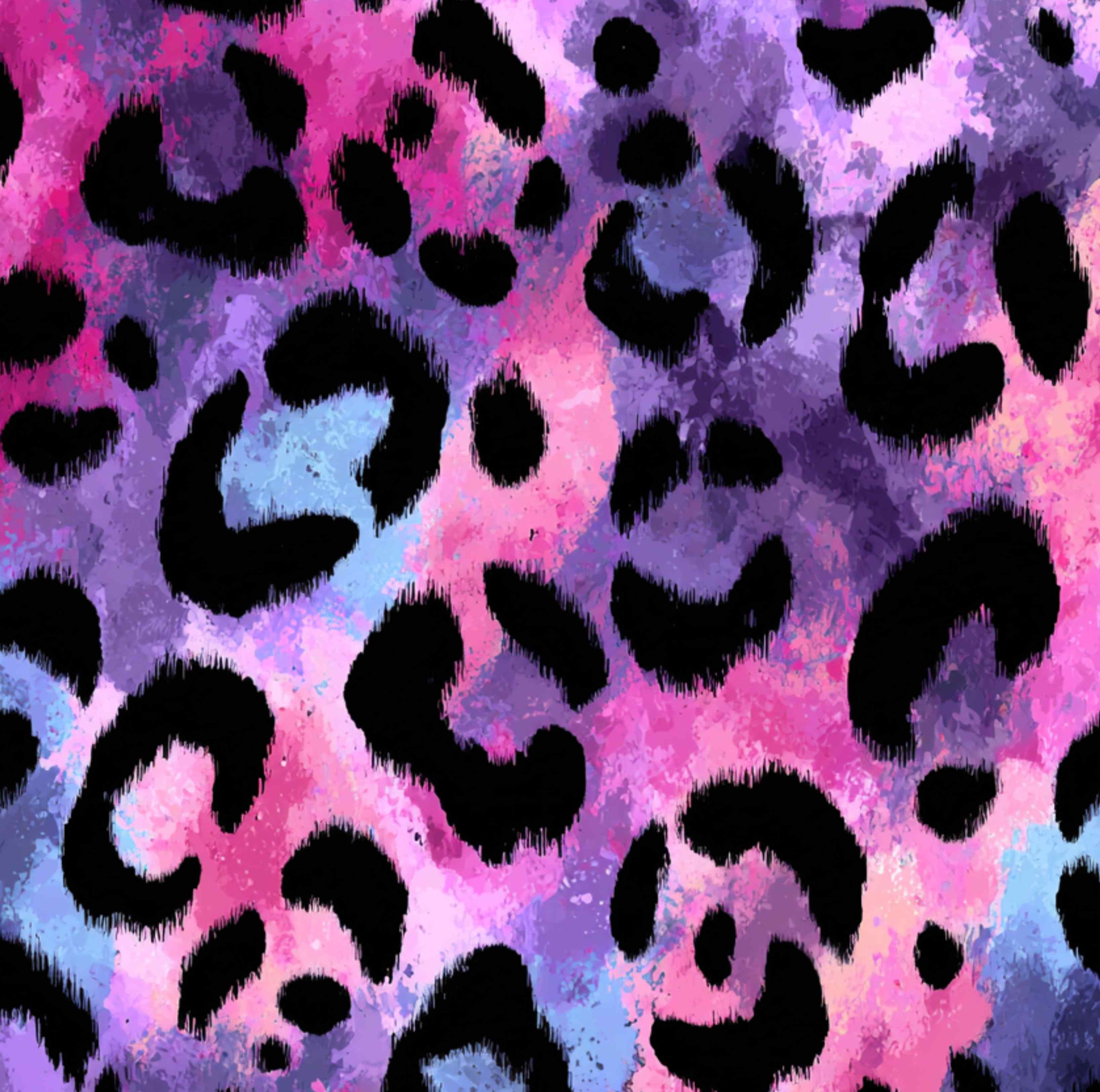 Cropped close-up of the Pretty Savage colourful pink, purple and blue leopard print pattern.