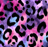Cropped close-up of the Pretty Savage colourful pink, purple and blue leopard print pattern.