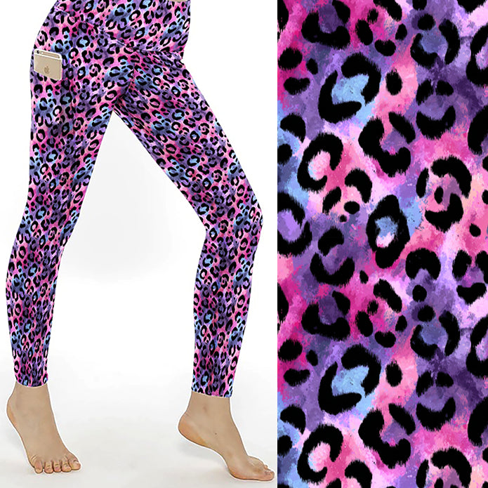 Pretty Savage Leopard Print Leggings With Pockets featuring a colourful pink, purple and blue leopard print on buttery-soft full-length leggings with side pockets.