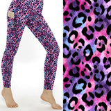 Pretty Savage Leopard Print Leggings With Pockets featuring a colourful pink, purple and blue leopard print on buttery-soft full-length leggings with side pockets.
