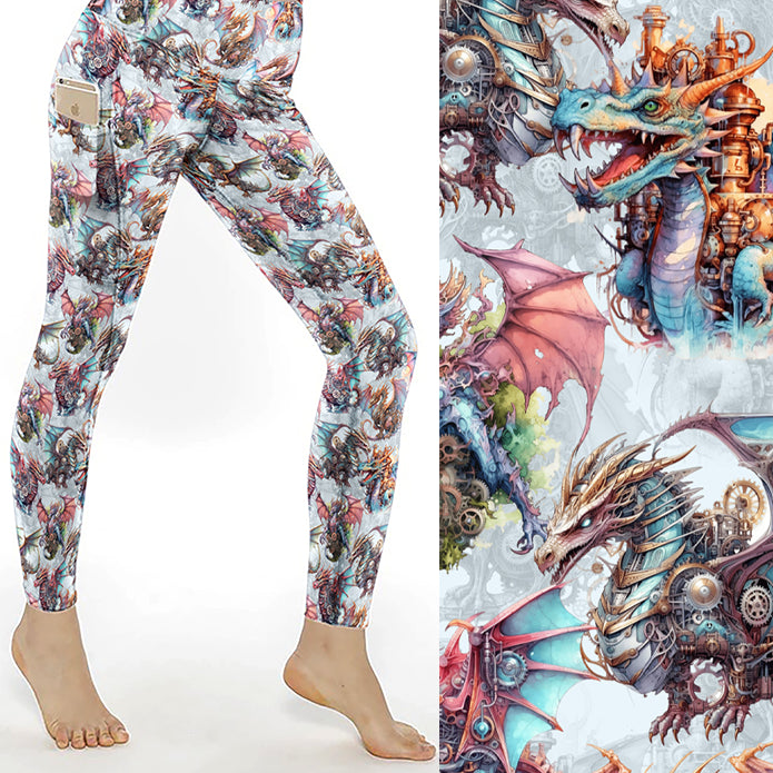 Puff the Magic Dragon Steampunk Leggings With Pockets featuring colourful fantasy dragons with steampunk gears and mechanical details on buttery-soft full-length leggings with side pockets.