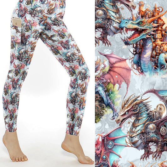 Puff the Magic Dragon Steampunk Leggings With Pockets featuring colourful fantasy dragons with steampunk gears and mechanical details on buttery-soft full-length leggings with side pockets.