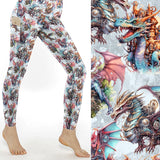 Puff the Magic Dragon Steampunk Leggings With Pockets featuring colourful fantasy dragons with steampunk gears and mechanical details on buttery-soft full-length leggings with side pockets.
