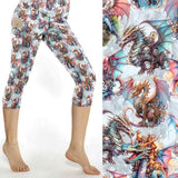 Puff the Magic Dragon capri leggings. Pink, blue and gold steampunk dragons with cogs, gears etc on a pale blue background.