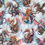 Puff the Magic Dragon pattern with pink, blue and gold steampunk dragons with cogs, gears etc on a pale blue background.